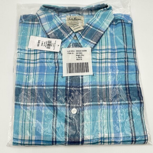 LL Bean Shirt Mens Large Blue Plaid Button Up Slightly Fitted Linen Regular Fit - Picture 3 of 10